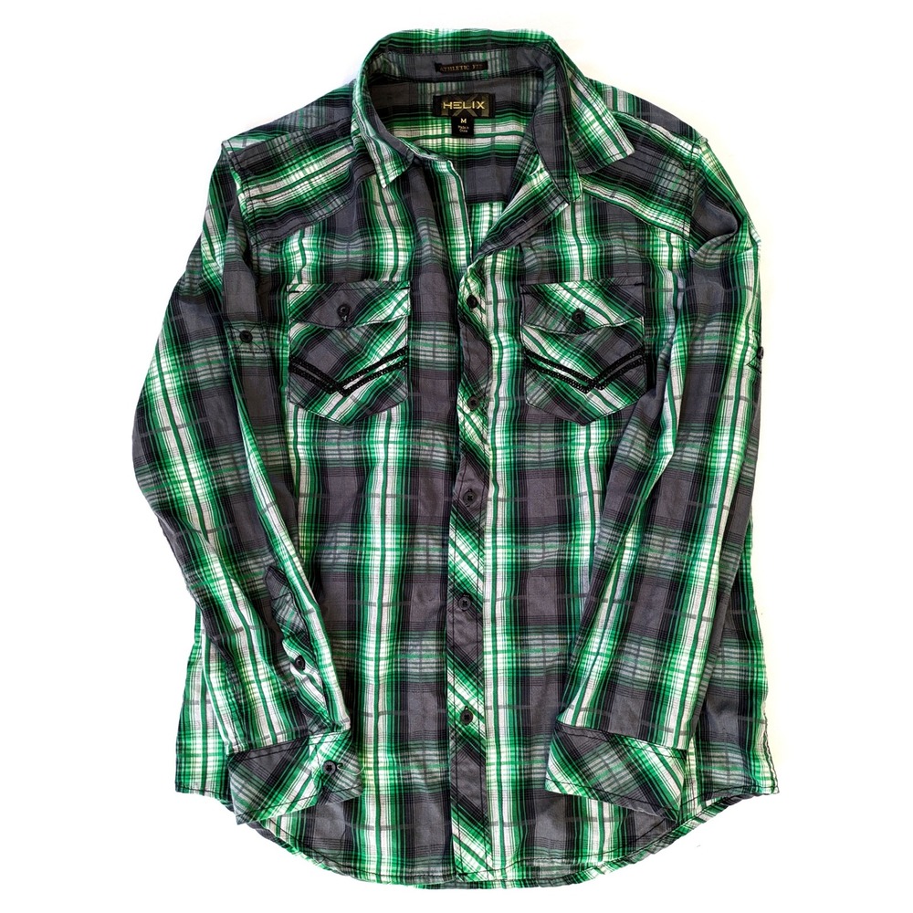 Helix Mens Athletic Fit Plaid Button Down Shirt Green Grey Long Sleeve Size M